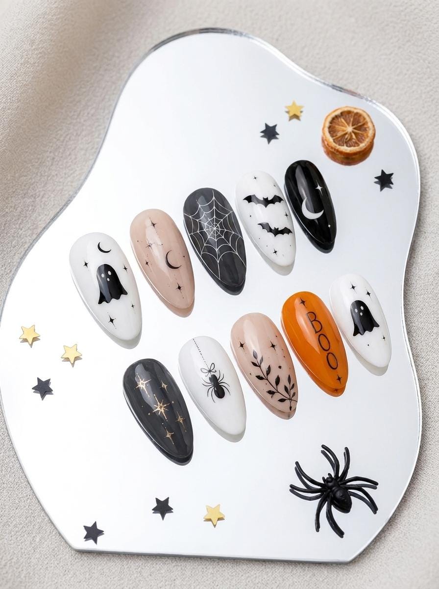 Minimalist Halloween Ghost, Bat, Spider Web and Moon Nail Set