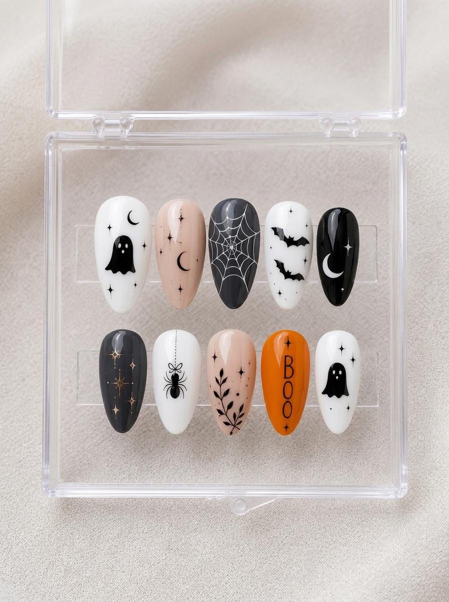 Minimalist Halloween Ghost, Bat, Spider Web and Moon Nail Set