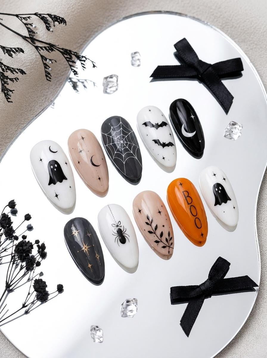 Minimalist Halloween Ghost, Bat, Spider Web and Moon Nail Set