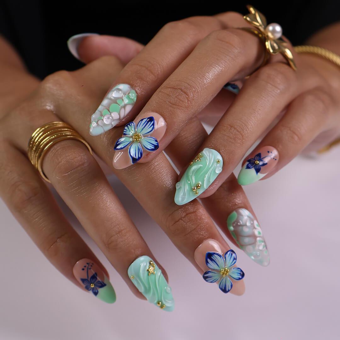 Mint and Aqua Tropical Floral Nails With 3D Swirls and Gold Accents