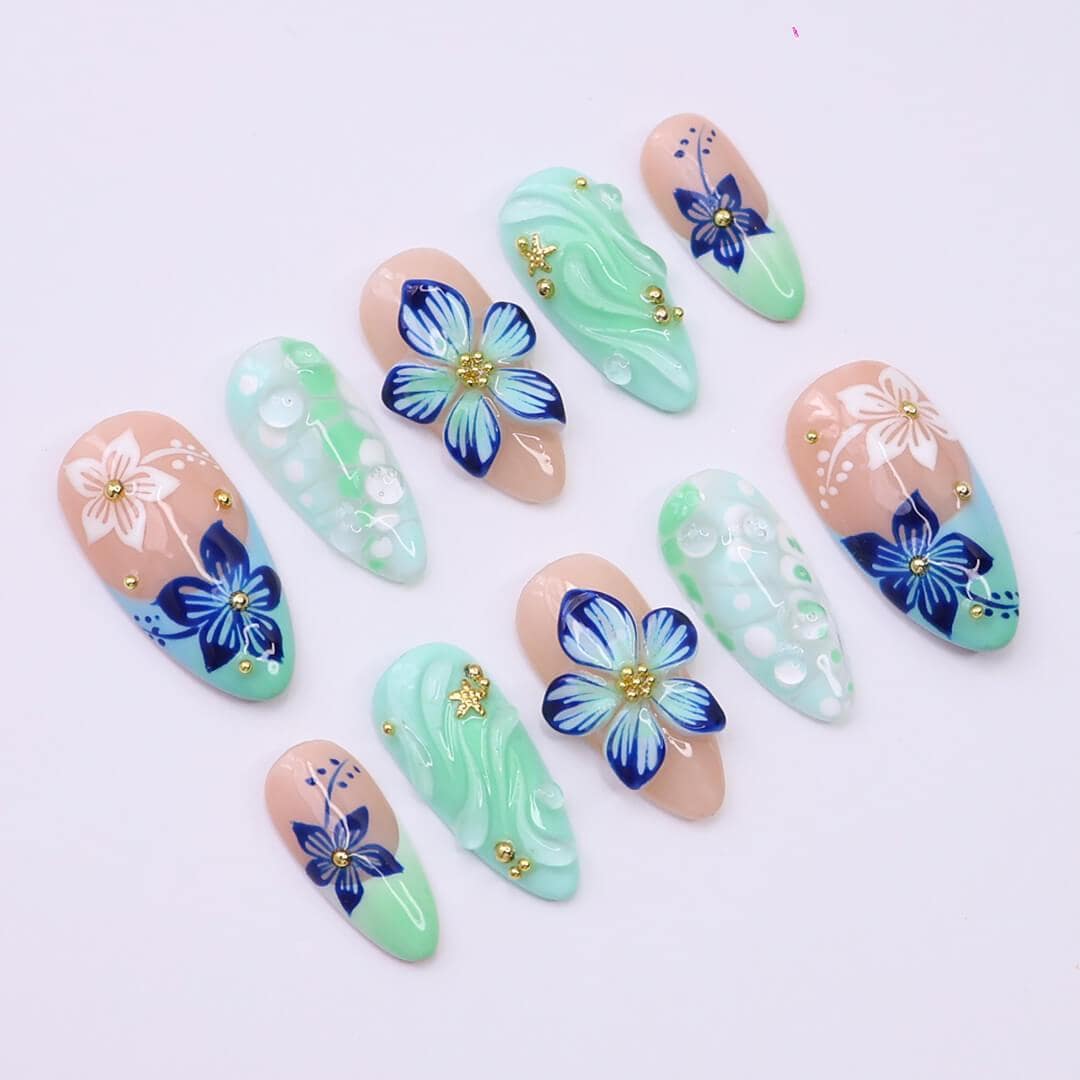 Mint and Aqua Tropical Floral Nails With 3D Swirls and Gold Accents