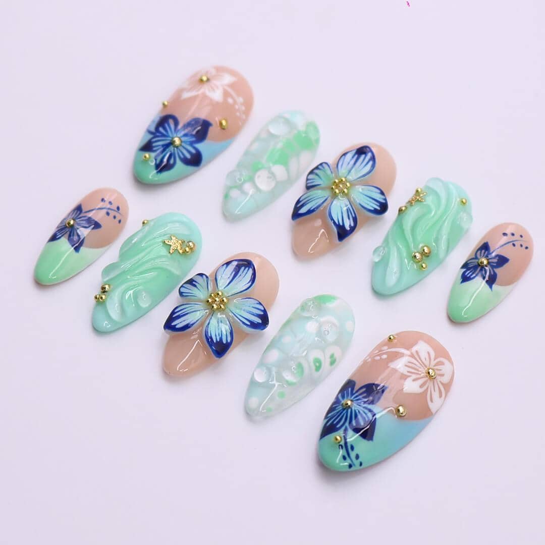 Mint and Aqua Tropical Floral Nails With 3D Swirls and Gold Accents