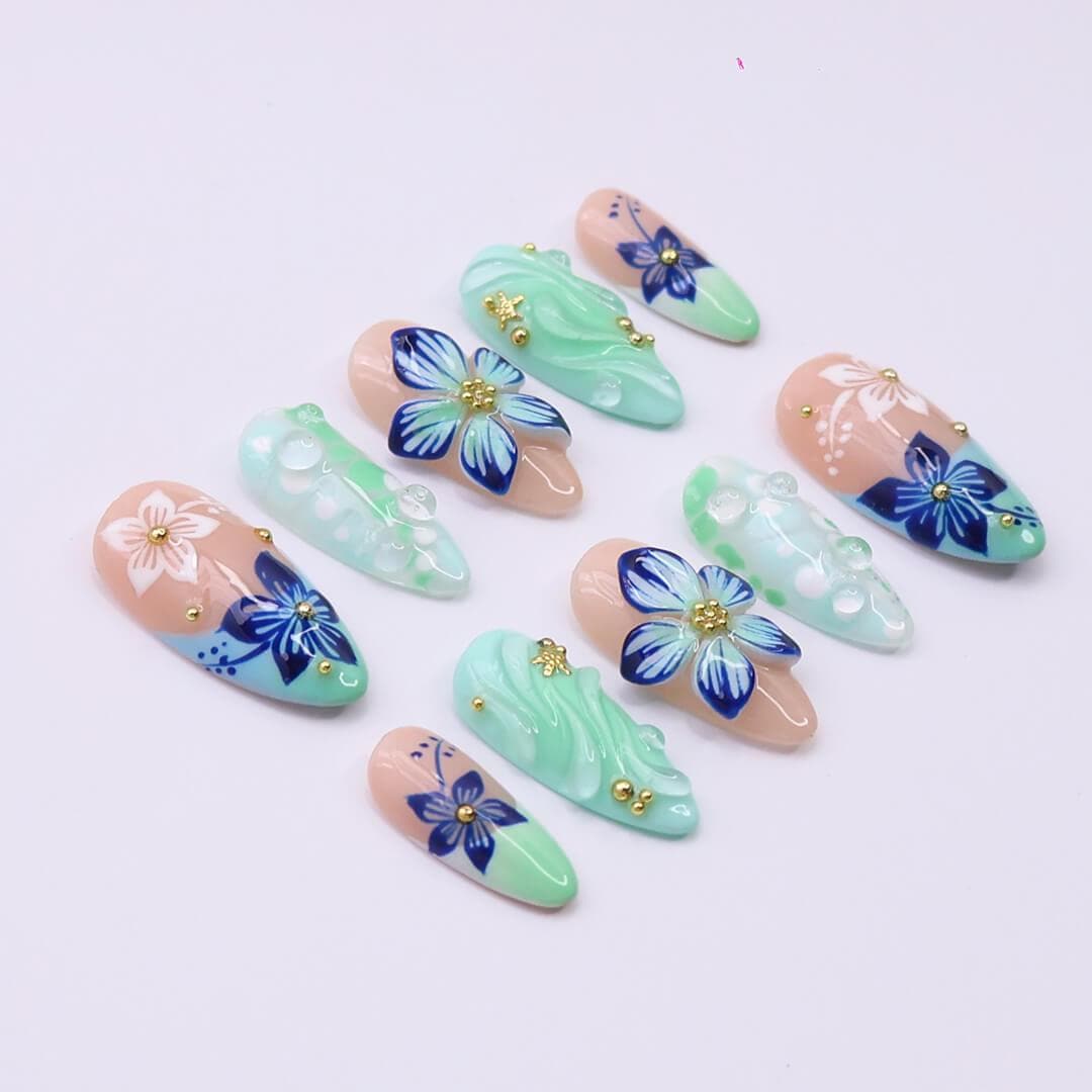 Mint and Aqua Tropical Floral Nails With 3D Swirls and Gold Accents