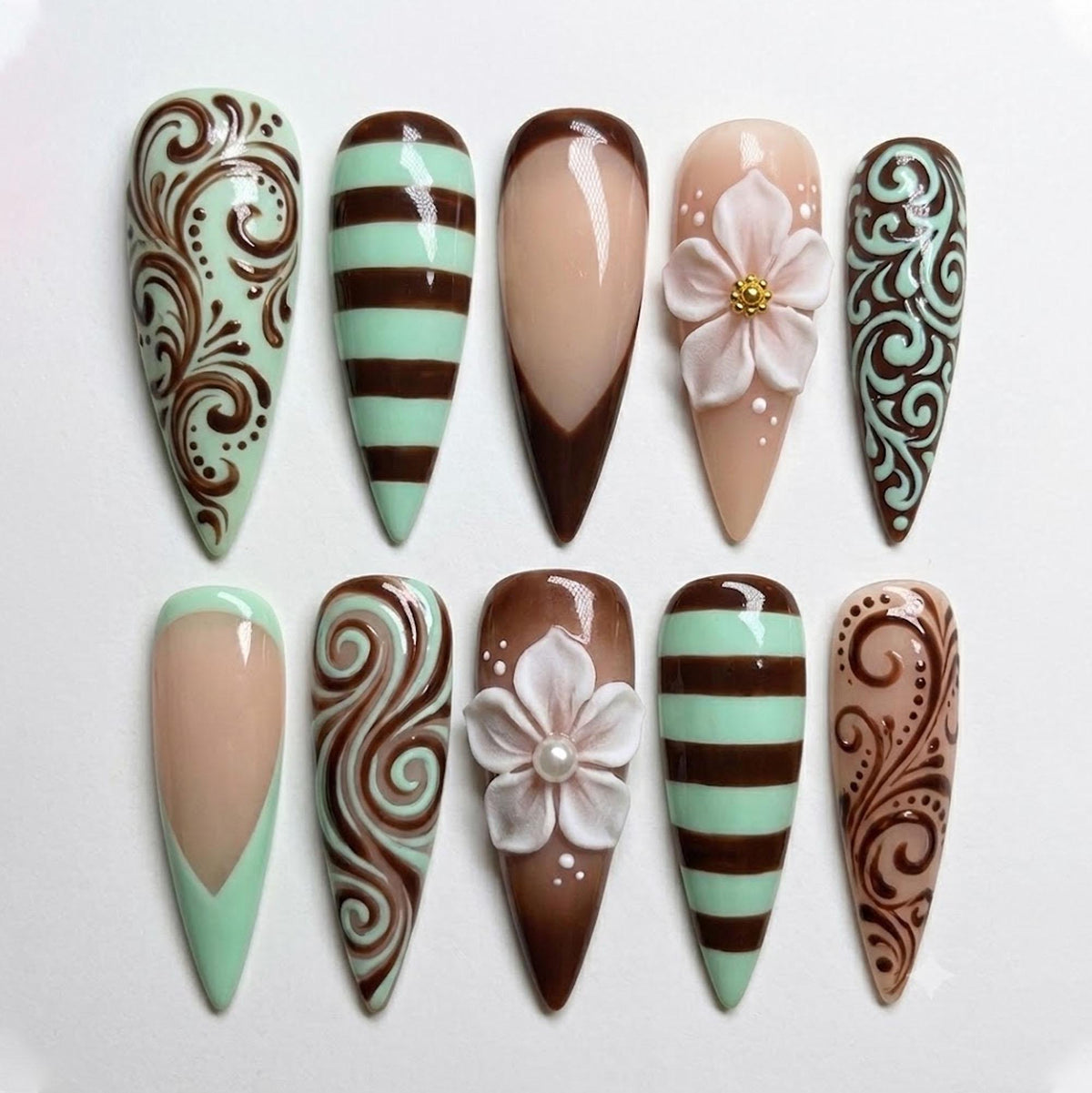 Mint Chocolate Swirl Press On Nails with 3D White Flowers