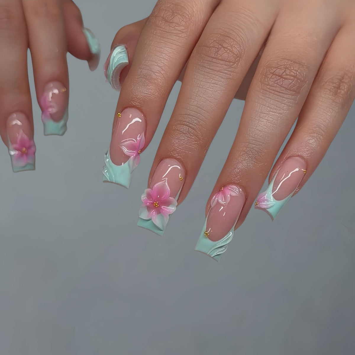 Mint French Tip Spring Press On Nails With 3D Pink Flowers and Gold Details