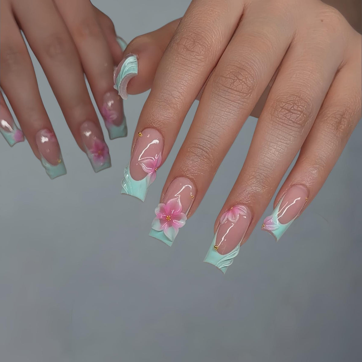 Mint French Tip Spring Press On Nails With 3D Pink Flowers and Gold Details