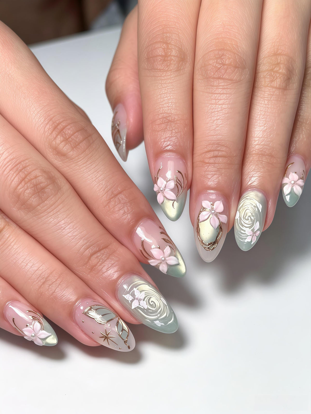 Mint Green and Blush Floral Nails with 3D Flowers and Gold Swirls