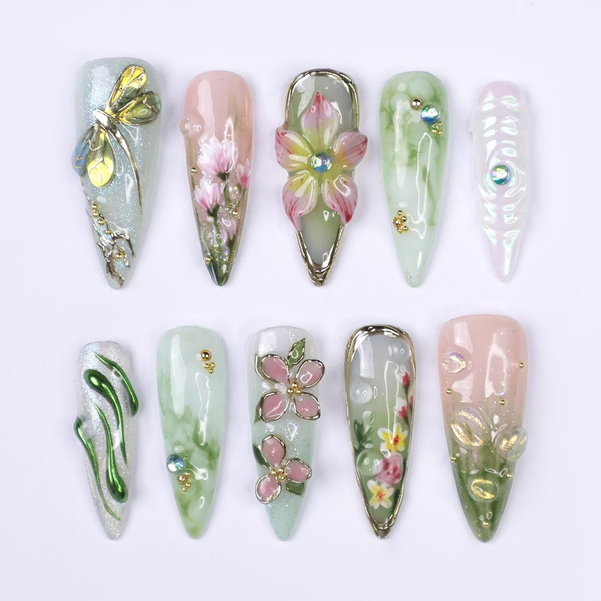 Mint Green and Pink Spring Dragonfly Floral Nail Set with 3D Flowers and Gold Accents