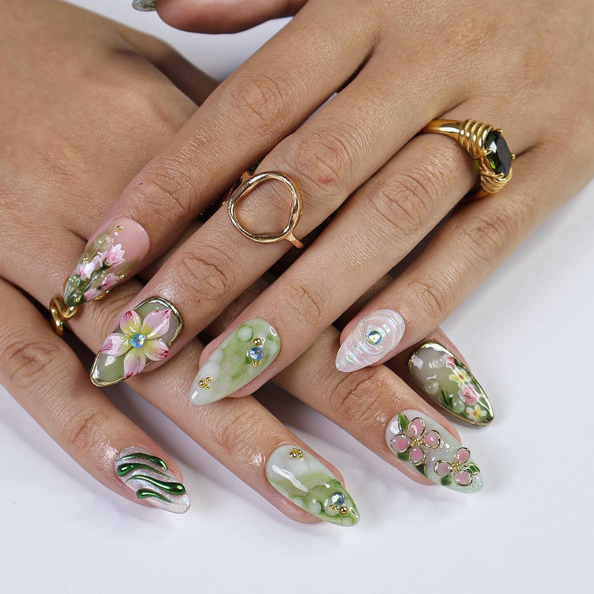 Mint Green and Pink Spring Dragonfly Floral Nail Set with 3D Flowers and Gold Accents