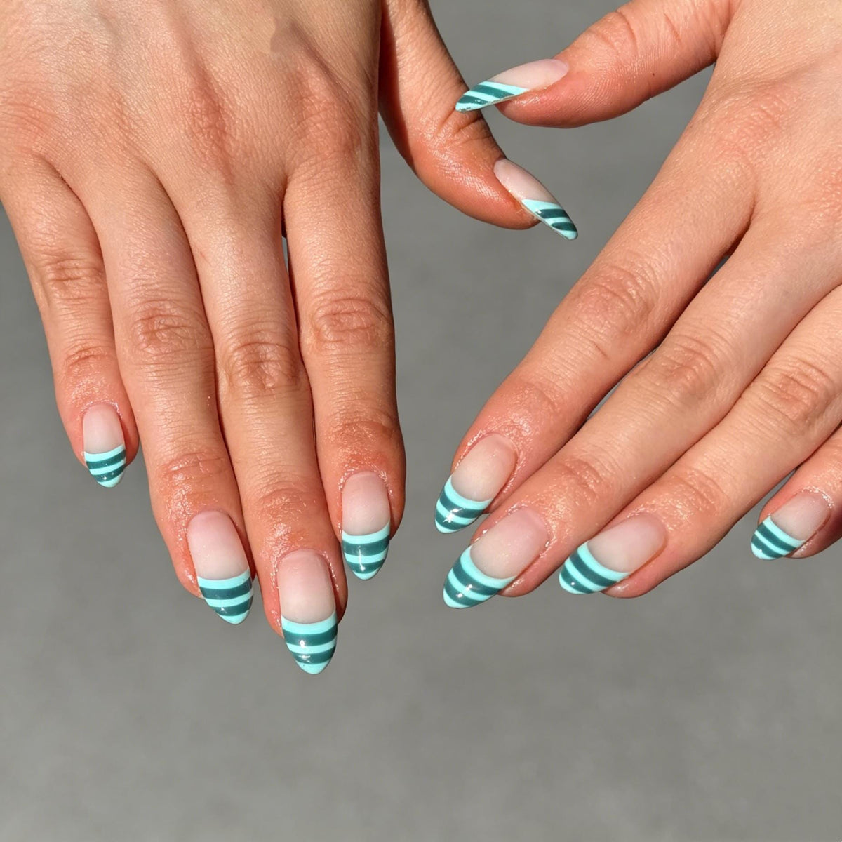 Mint Green and White Striped French Tip Nail Set