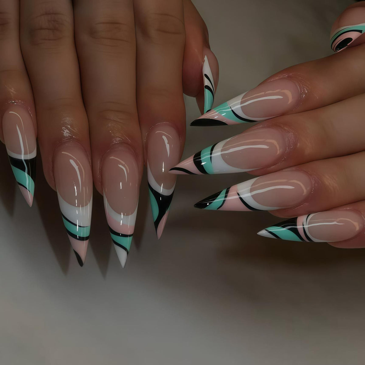 Mint Green French Tip Press On Nails with Black and White Abstract Lines