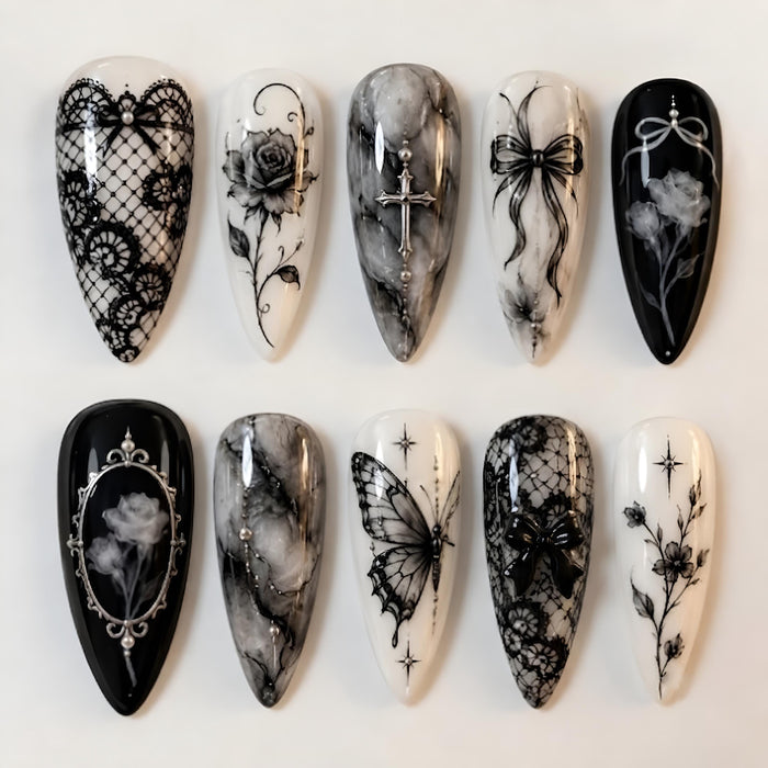 Monochrome Gothic Lace, Rose, Butterfly and Cross Press On Nail Set
