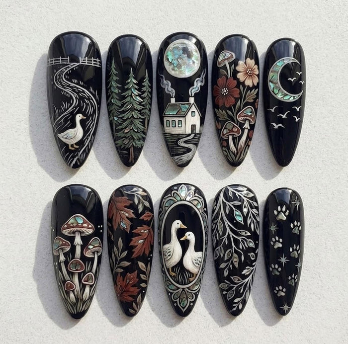 Moonlit Woodland Press-On Nails with Geese, Mushrooms, Pine Trees, and Iridescent Accents