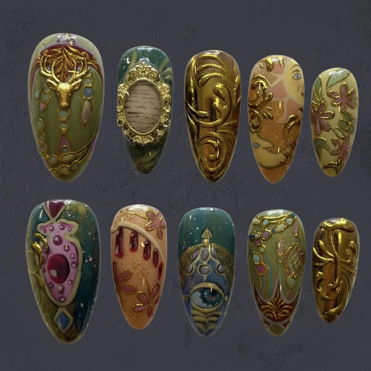 Moss Green and Jade Fantasy Nails with Raised Gold Filigree and Stag Design