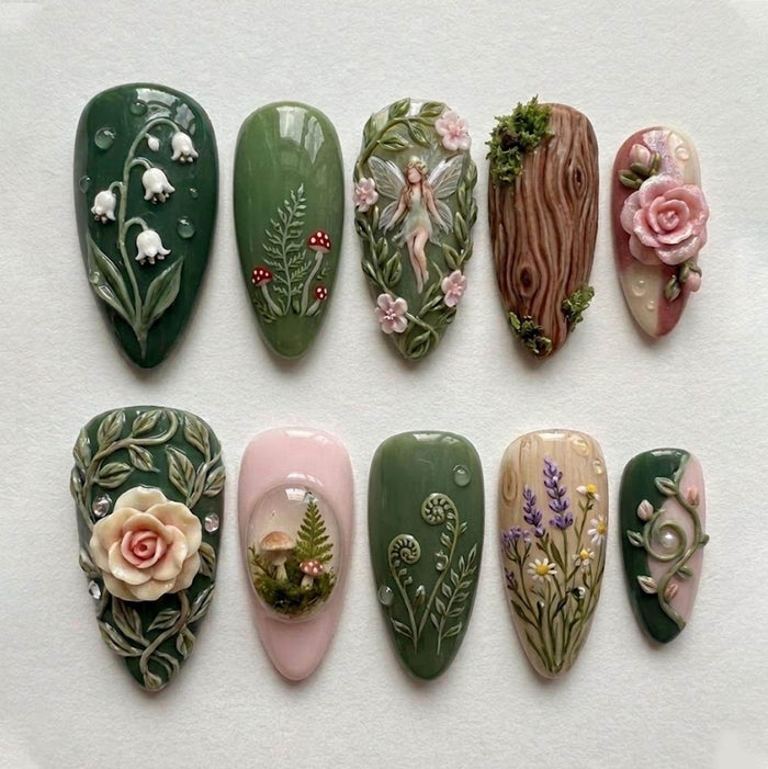 Moss Green Fairy Enchanted Forest Press On Nails With 3D Mushrooms and Floral Relief