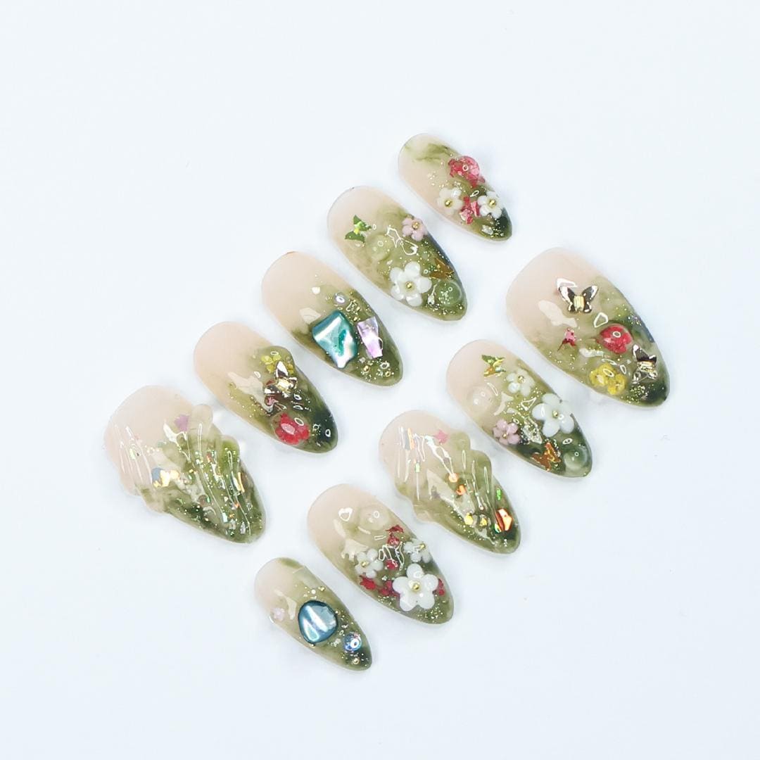 Moss Green Ombre Floral Press On Nails With 3D Flowers and Iridescent Gems