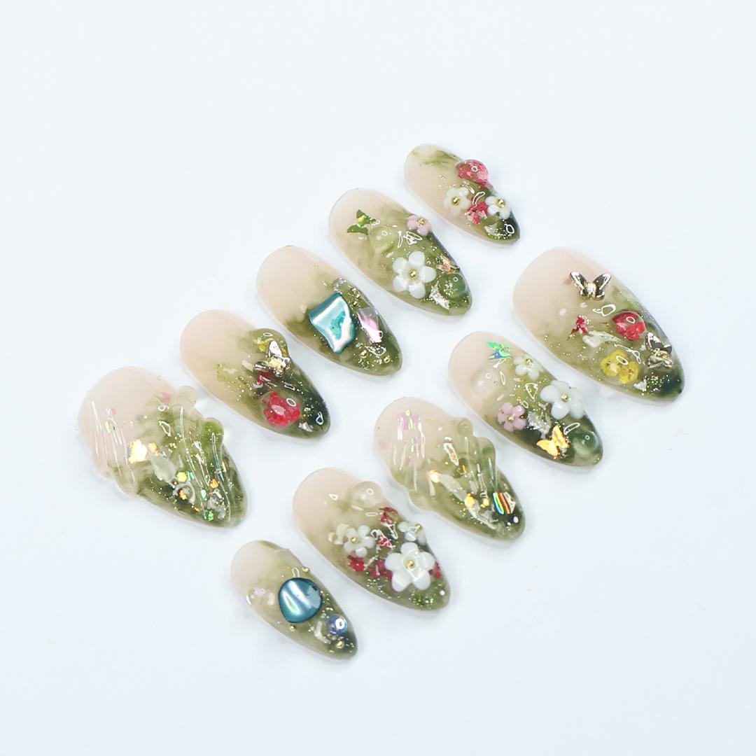 Moss Green Ombre Floral Press On Nails With 3D Flowers and Iridescent Gems