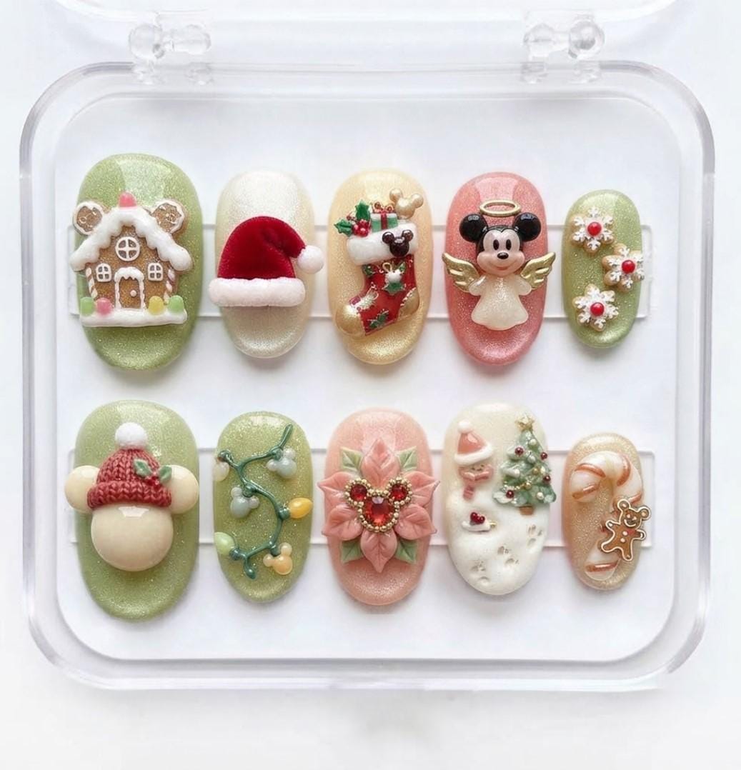Mouse Angel Christmas Nails With Gingerbread House and Holiday Charms