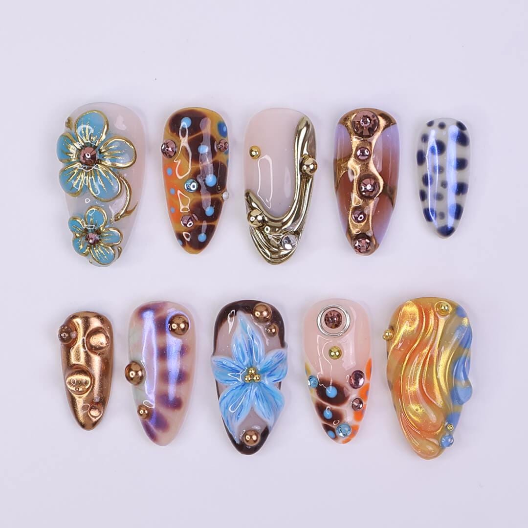 Multicolor Blue Floral Press On Nails with Bronze-Gold Chrome, Rhinestones, and Y2K Party Style