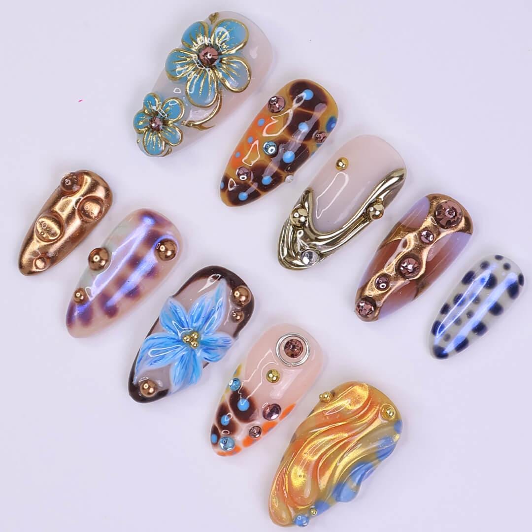Multicolor Blue Floral Press On Nails with Bronze-Gold Chrome, Rhinestones, and Y2K Party Style