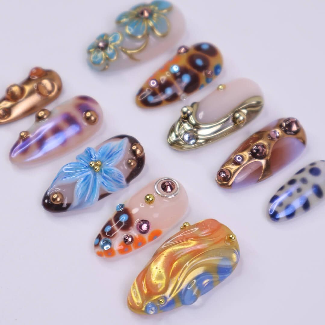 Multicolor Blue Floral Press On Nails with Bronze-Gold Chrome, Rhinestones, and Y2K Party Style