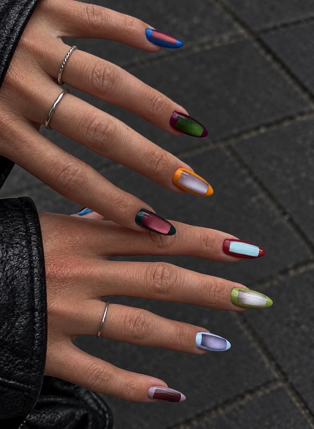 Multicolor Cat Eye Nails With Geometric French Tips