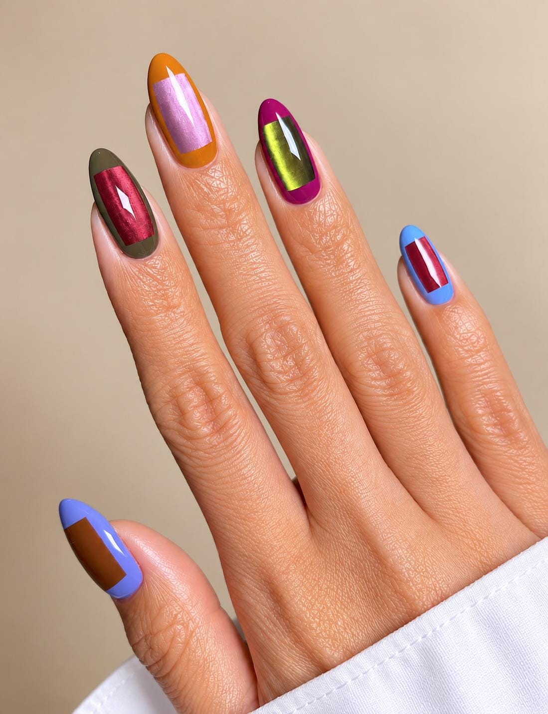Multicolor Cat Eye Nails With Geometric French Tips