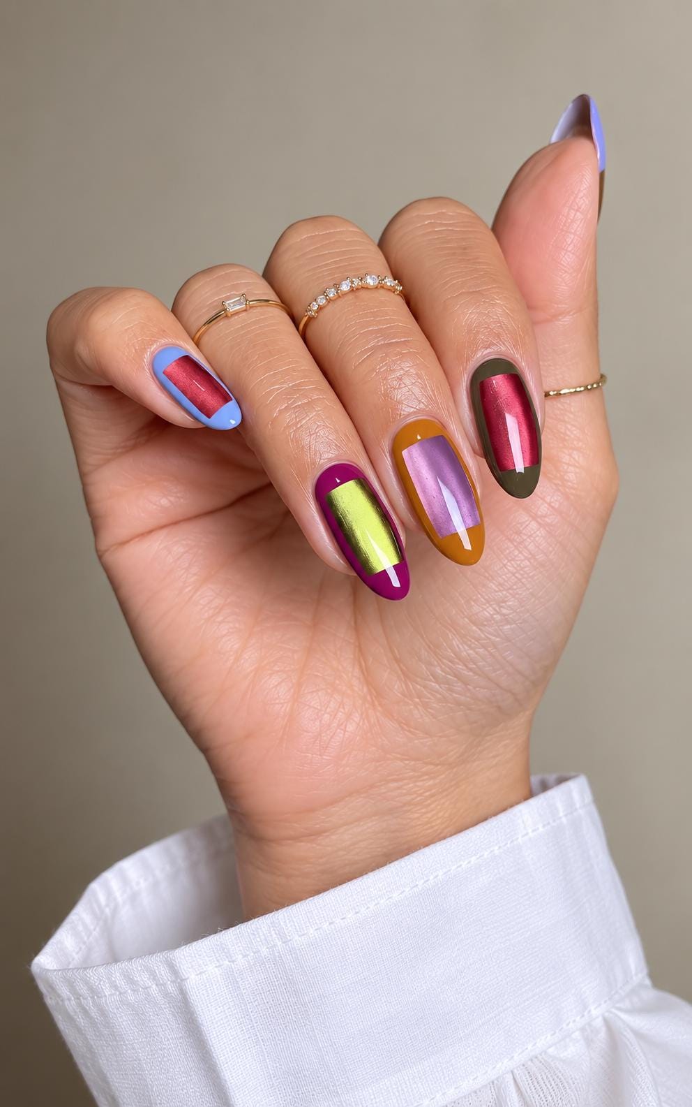 Multicolor Cat Eye Nails With Geometric French Tips