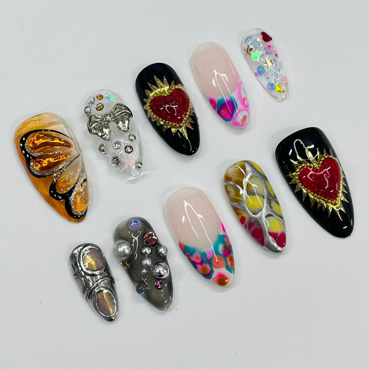 Multicolor Jeweled Heart and Metallic Swirl Press-On Nail Set