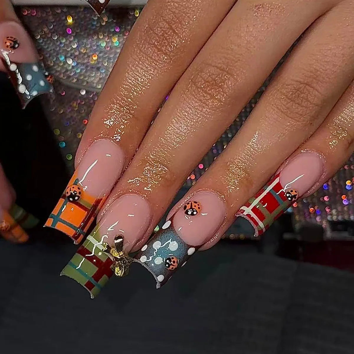 Multicolor Plaid French Tip Press On Nails With Ladybugs and Gold Bow Accent