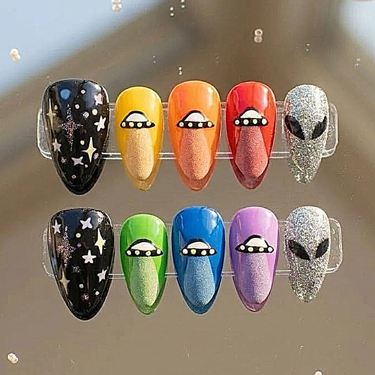 Multicolor Ufo and Starry Galaxy Alien Press On Nails