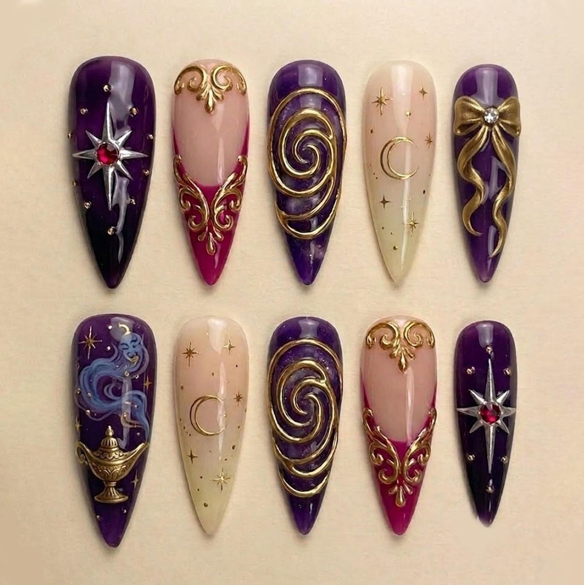 Mystic Purple and Nude Celestial Press-On Nails with Gold Moons and Swirls