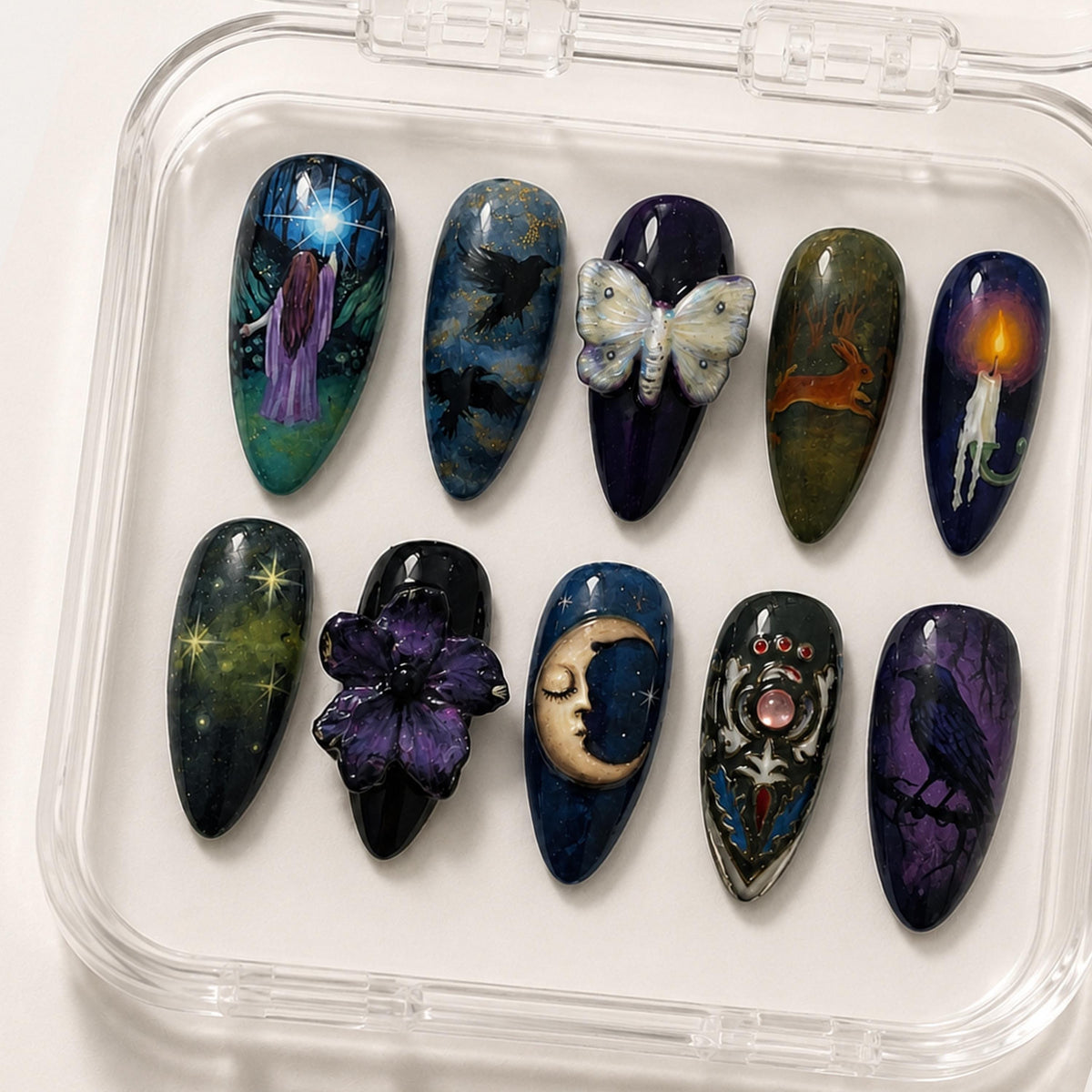 Mystical Gothic Woodland Press-On Nails With Ravens, Moons, Butterflies and Raised Details