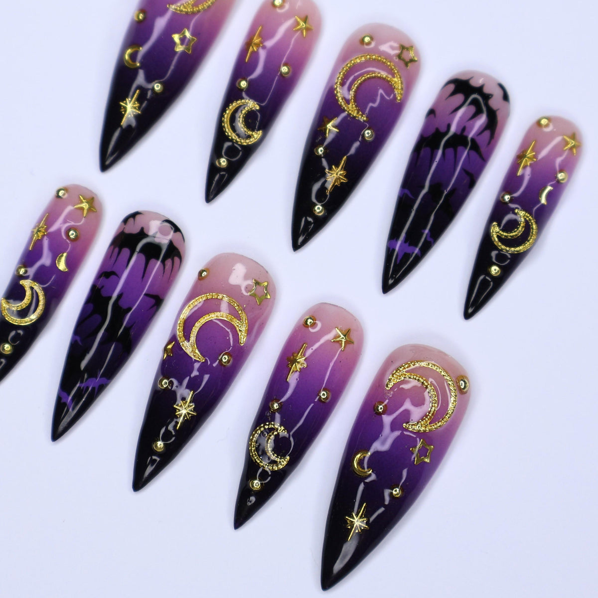 Mystical Halloween Celestial Press-On Nails with Gold Moons, Stars, and Bat Motifs
