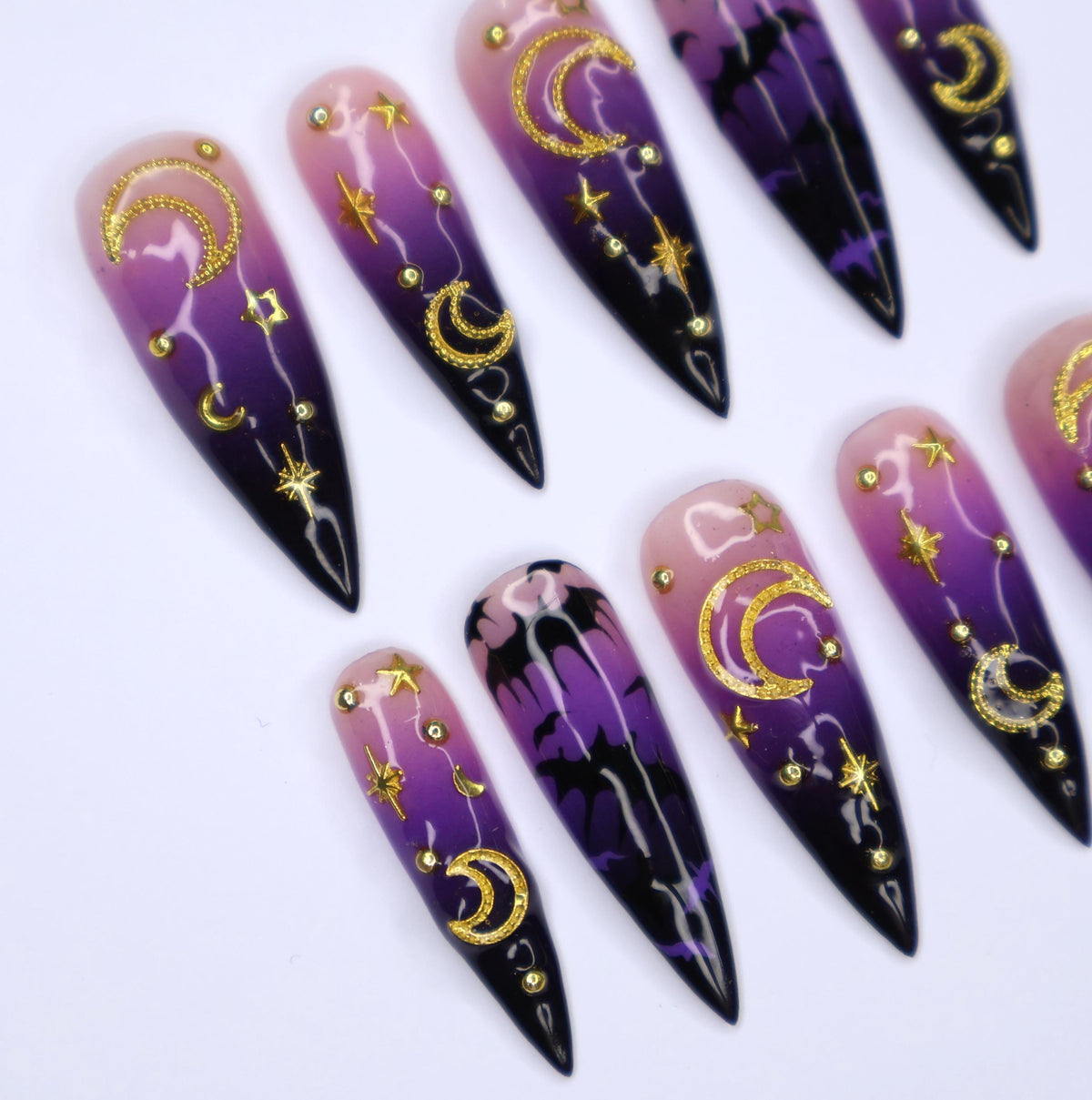 Mystical Halloween Celestial Press-On Nails with Gold Moons, Stars, and Bat Motifs