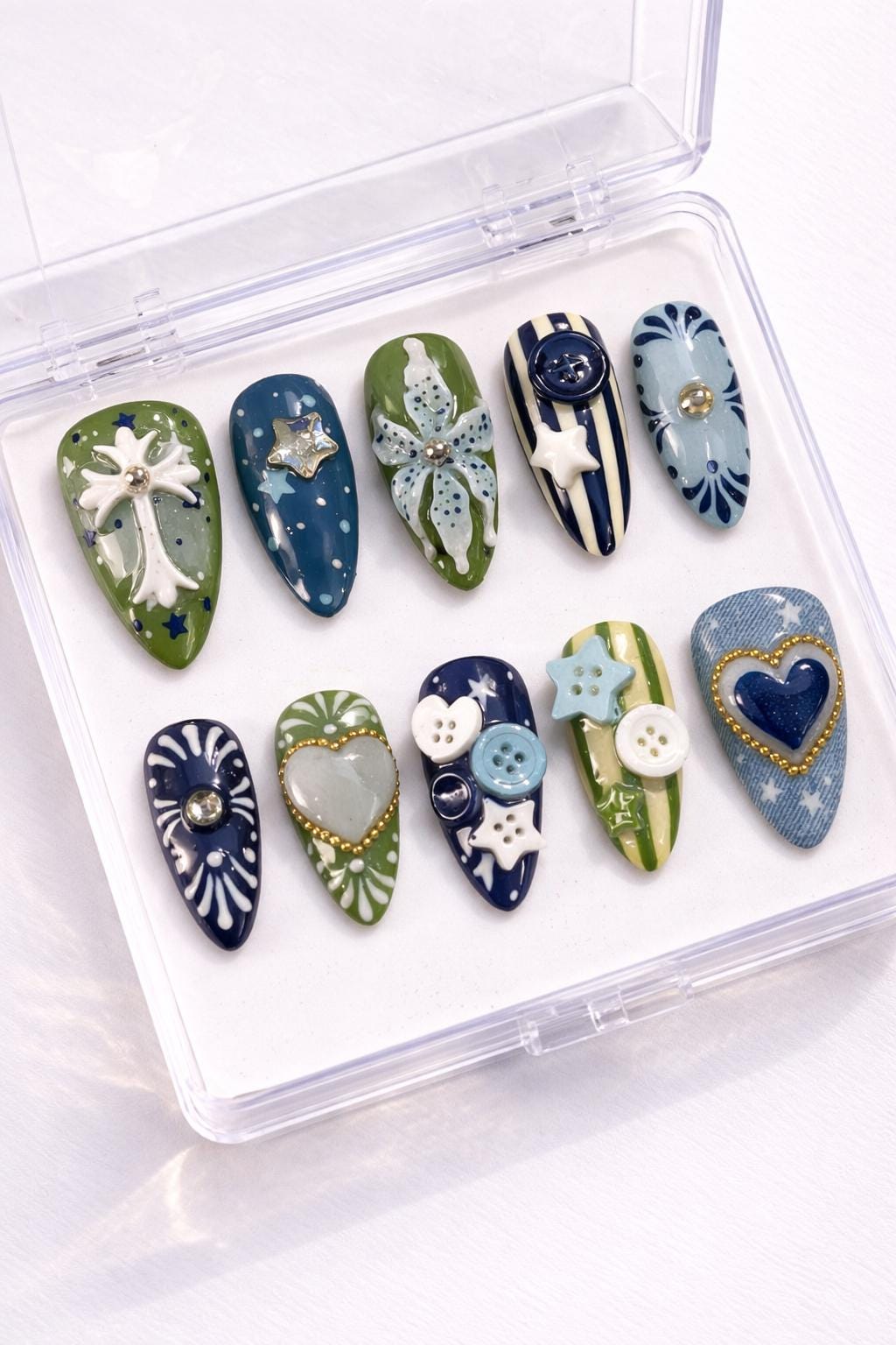 Nautical Coquette Press On Nails With Denim Hearts, Bows, Stars, and Button Accents