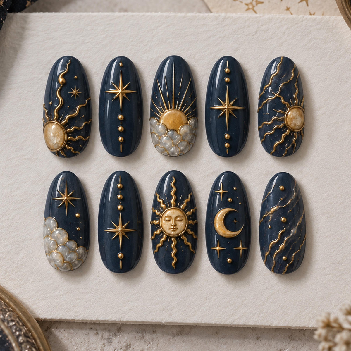 Navy and Antique Gold Celestial Moon and Sun Nail Set