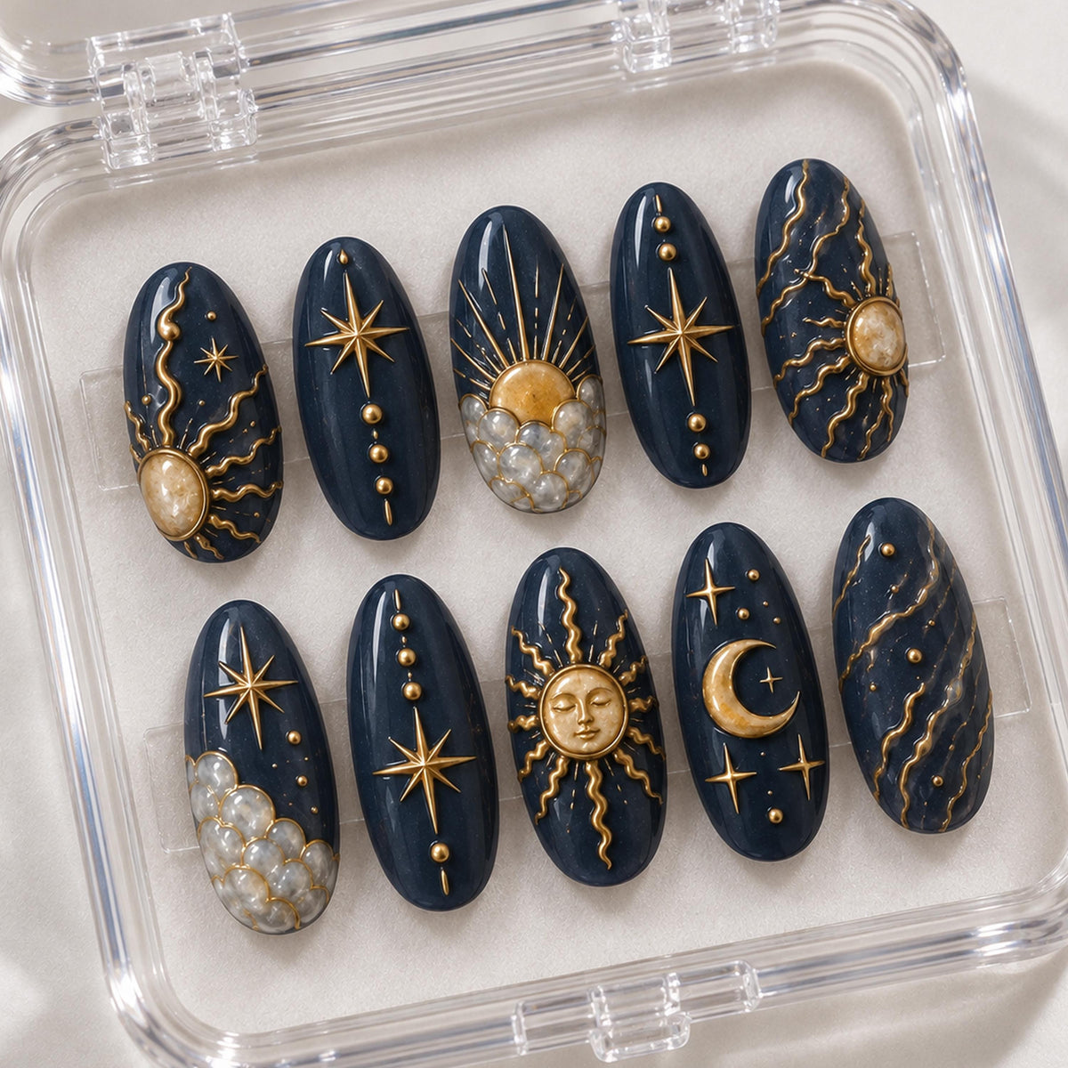 Navy and Antique Gold Celestial Moon and Sun Nail Set