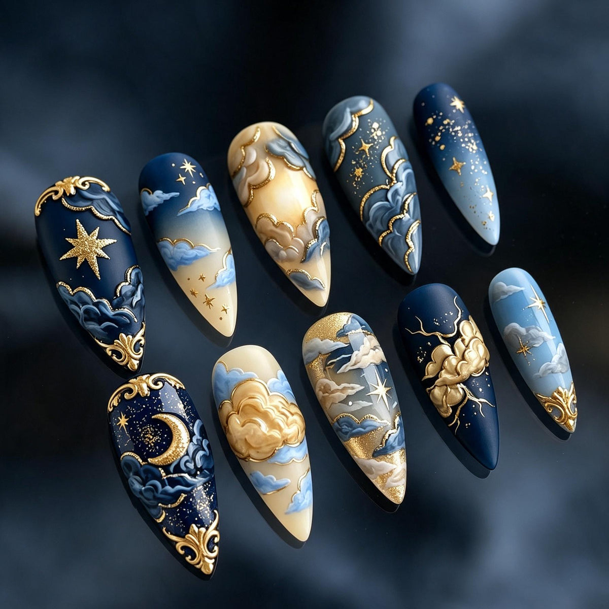 Navy and Gold Celestial Cloud Press-On Nail Set