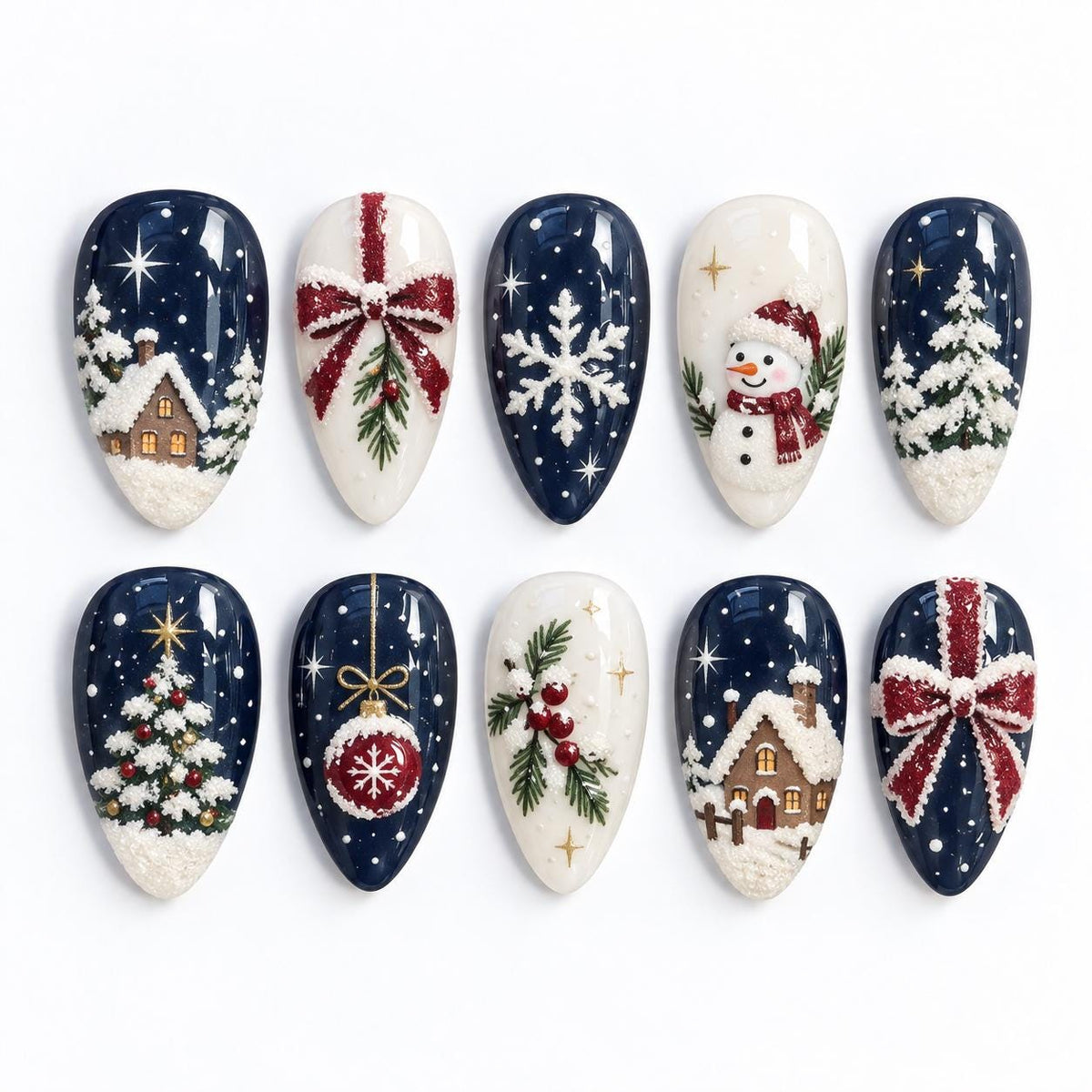 Navy and Ivory Christmas Village Nail Set With Snowflakes, Snowmen and Bows