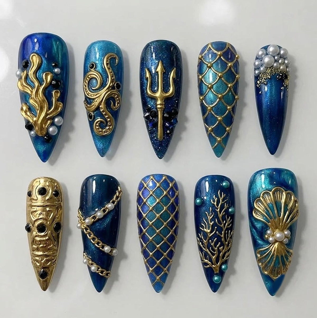 Navy and Teal Mermaid Scale Press-On Nails with Gold Tridents and Pearls