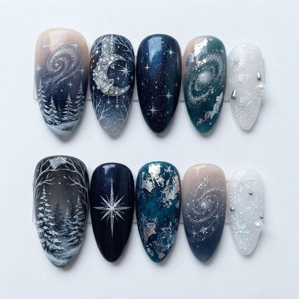 Navy and Teal Snowy Night Press On Nails with Trees, Stars and Snowflakes