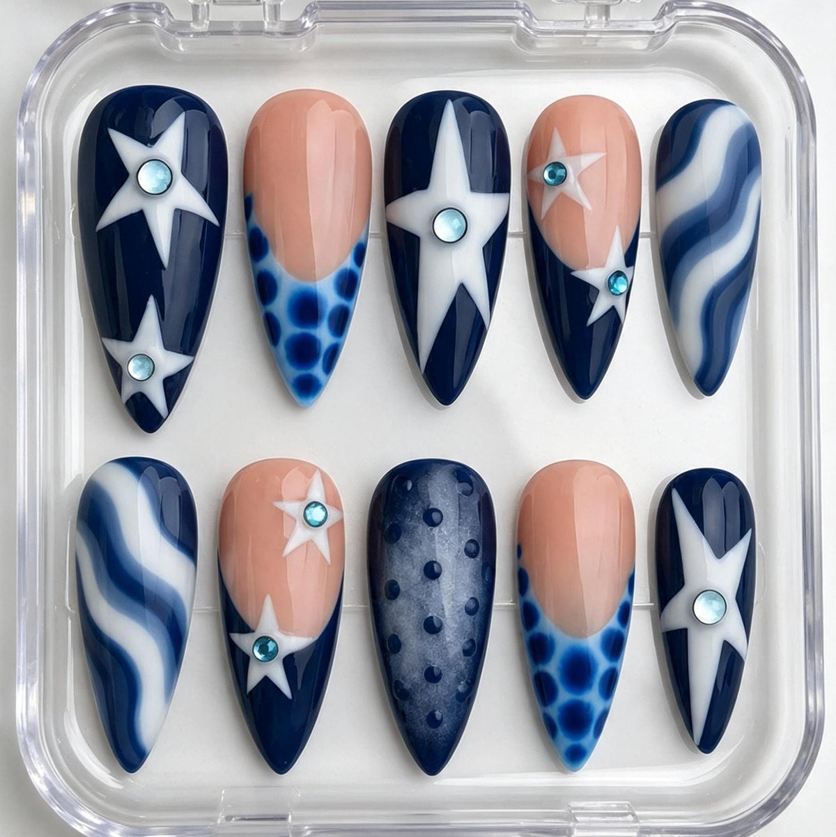 Navy and White Celestial Starburst Press-On Nails with Blue Rhinestones
