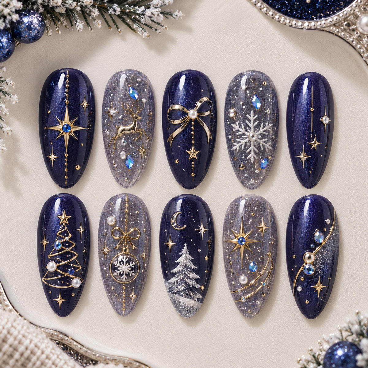 Navy Blue and Silver Christmas Nails with Gold Celestial Details