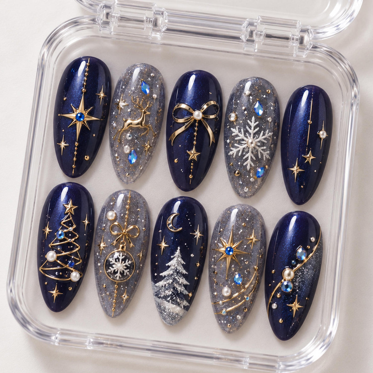 Navy Blue and Silver Christmas Nails with Gold Celestial Details