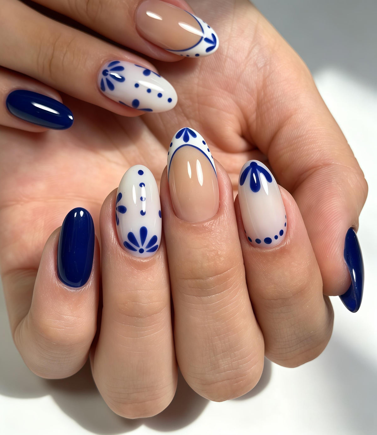 Navy Blue and White Porcelain-Inspired Floral Nail Set