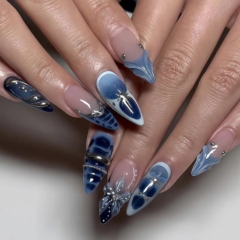 Navy Blue Swirl Press-On Nails With Silver Chrome Lines and Butterfly Accent