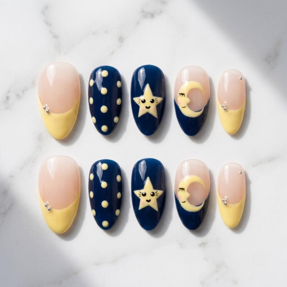 Navy Celestial Moon and Star Nails With Yellow French Tips