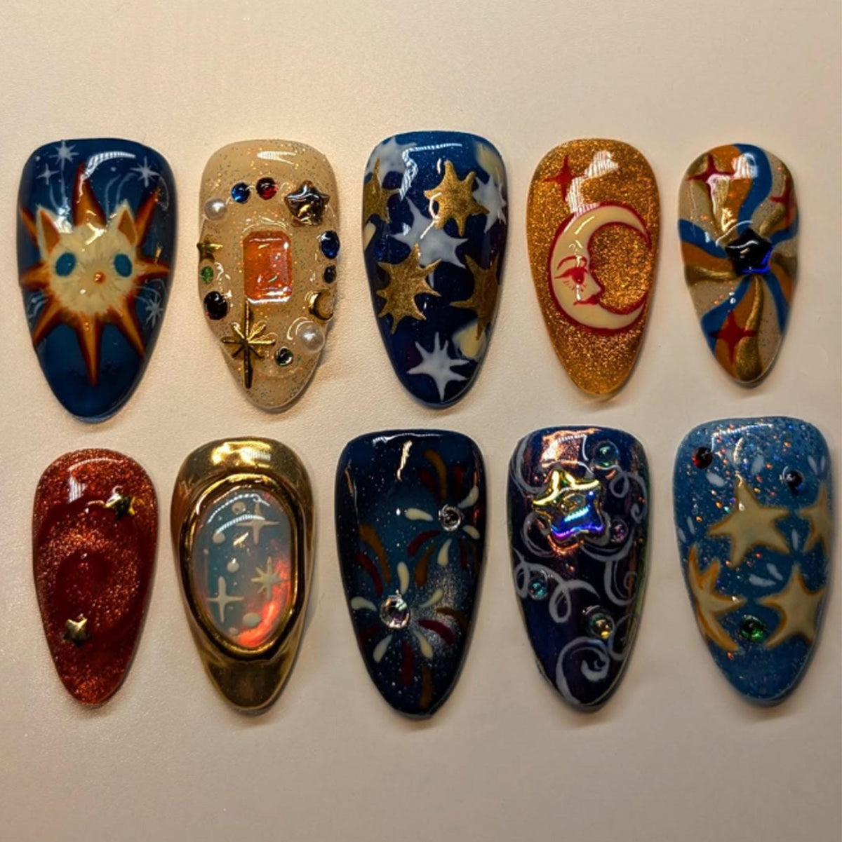 Navy Celestial Press On Nails With Gold Glitter, Stars, Moons and Gem Details