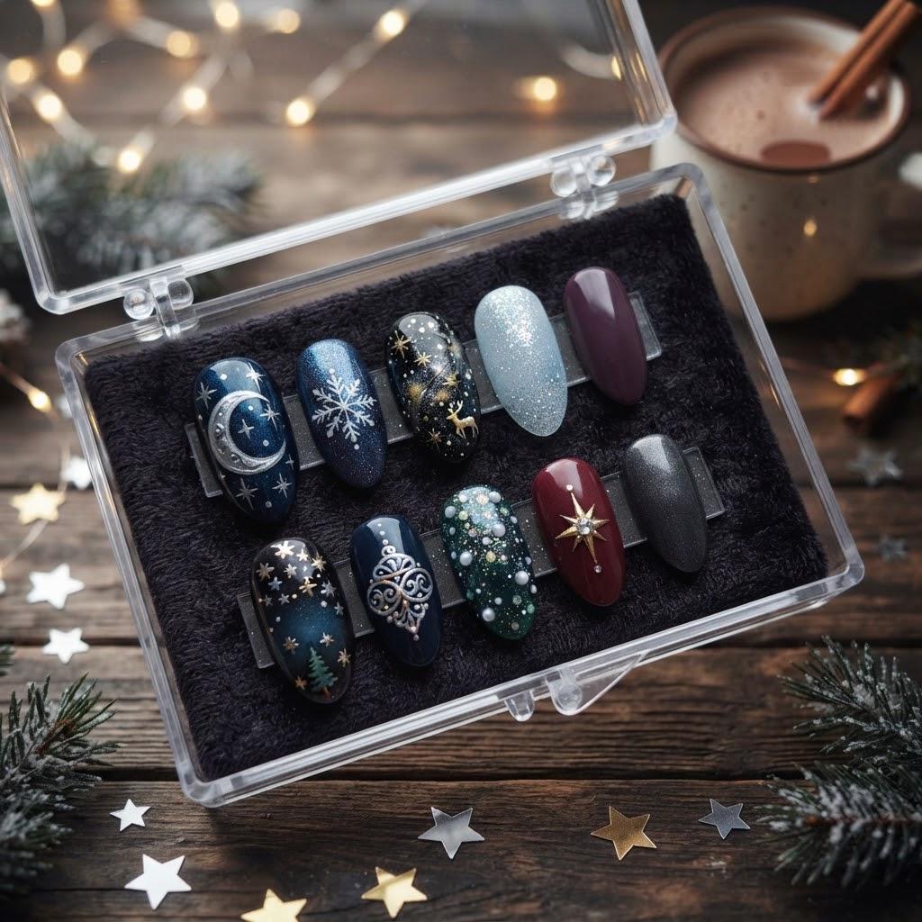 Navy Celestial Snowflake Christmas Press-On Nails With Gold Stars